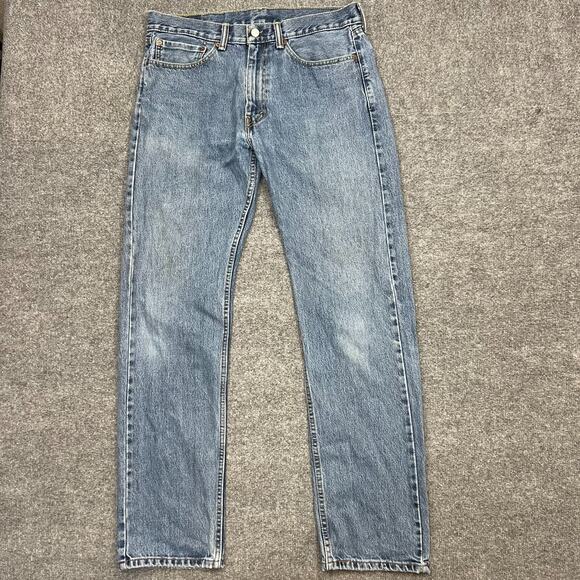 Levis 505 Jeans Mens 34x34 Blue Denim 5-Pocket Mid Rise Straight Leg Zip Fly - Picture 1 of 14
